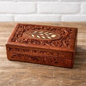 Vintage Hand Carved Floral Wood Plate Tray 9x8 Scalloped Made in India Botanical